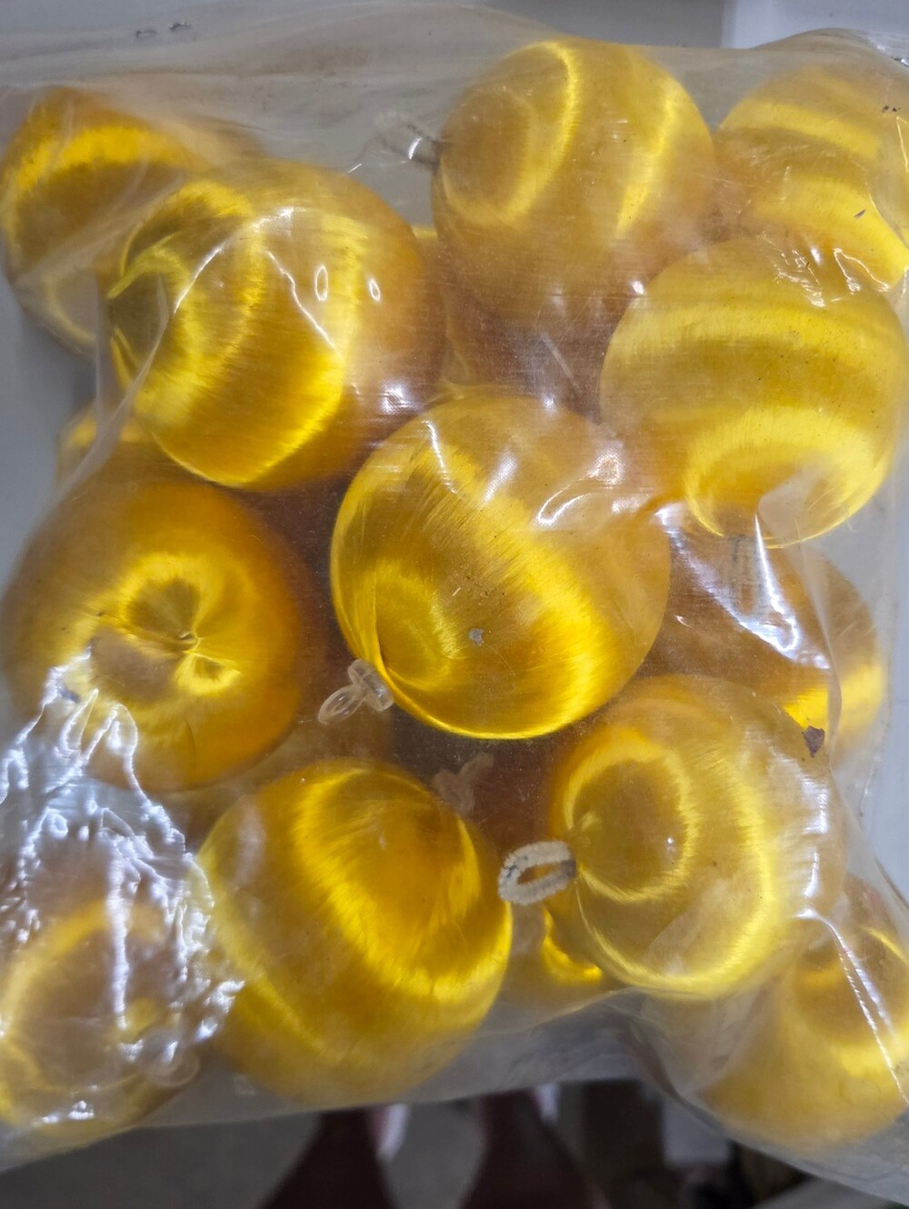 Yellow Gold Satin Silk Wrapped Christmas Ball Ornaments Lot of 18 Retro MCM 1970
